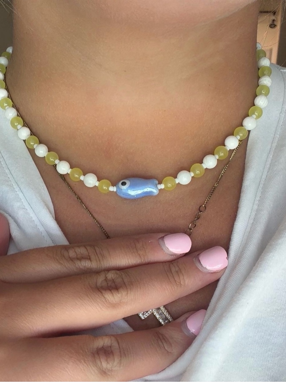 Handmade Beaded Yellow and White Necklace with Blue Fish Charm
